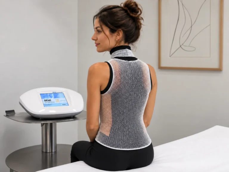 Applicazione della sonda ACP: paziente seduta di spalle sul lettino, con l'accessorio applicativo a rete indossato sulla schiena e dispositivo BENE Mod 110 visibile sullo sfondo