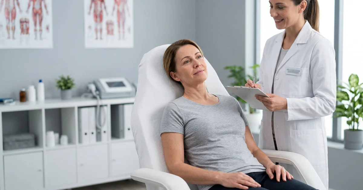 Ilustração das áreas do cérebro envolvidas na fibromialgia, com indicação esquemática da aplicação da tecnologia REAC.