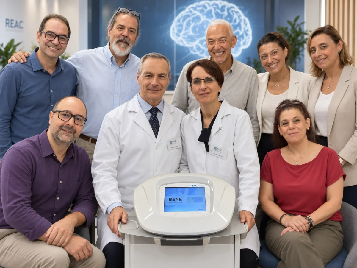 Grupo de profesionales, algunos en batas blancas, reunidos alrededor del dispositivo médico BENE Mod 110 basado en la tecnología REAC®