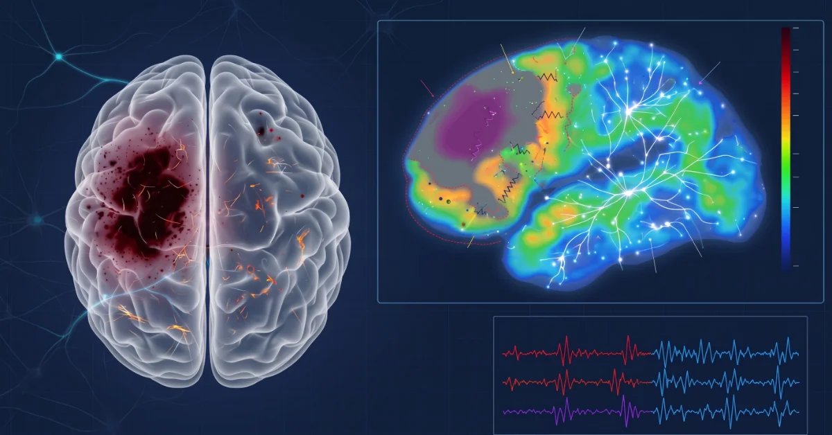 Ilustração da actividade cerebral após um acidente vascular cerebral: mapa de cores falsas da área isquémica e das áreas perfundidas, com pista EEG na parte inferior.