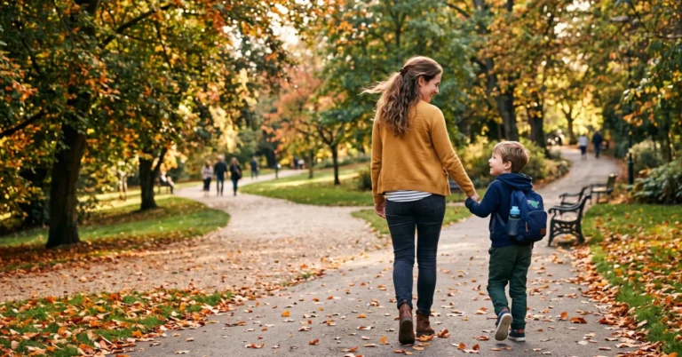 Madre e figlio che passeggiano mano nella mano in un parco in autunno, ripresi di spalle.