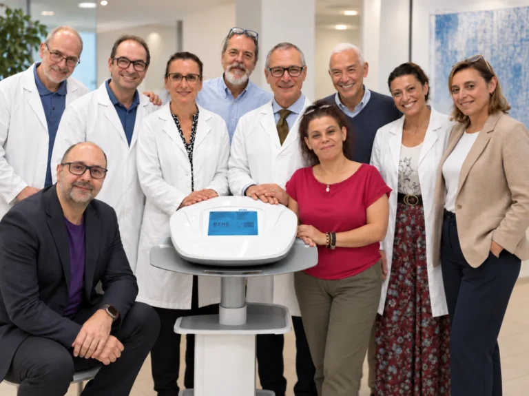 Team ASMED® in camice bianco riunito attorno al dispositivo medico BENE Mod 110 basato su Tecnologia REAC®, nella sede aziendale
